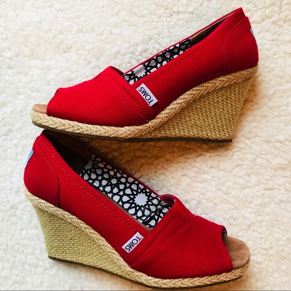 Toms Shoes - Toms Red Canvas Wedge Peep Toe